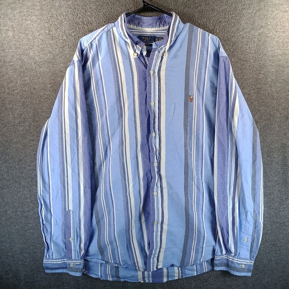 Polo Ralph Lauren Custom Fit Shirt Mens XXL Flesh Pony‎ Blue Striped Long Sleeve
